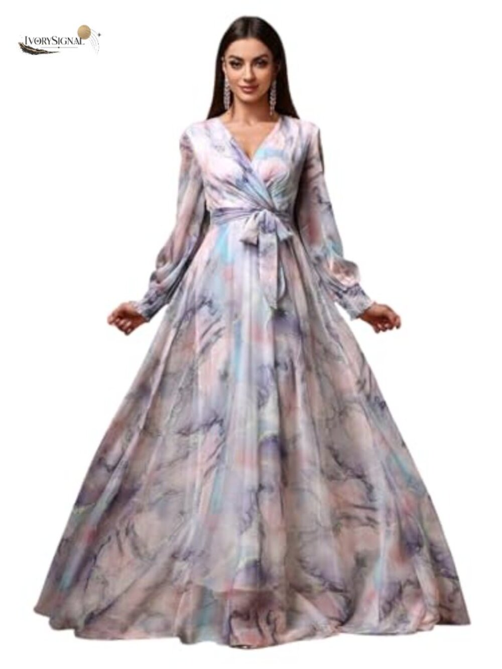 Boho Maxi Dress with Ruffle Sleeves Tiered Hem Bow Neck High Waist